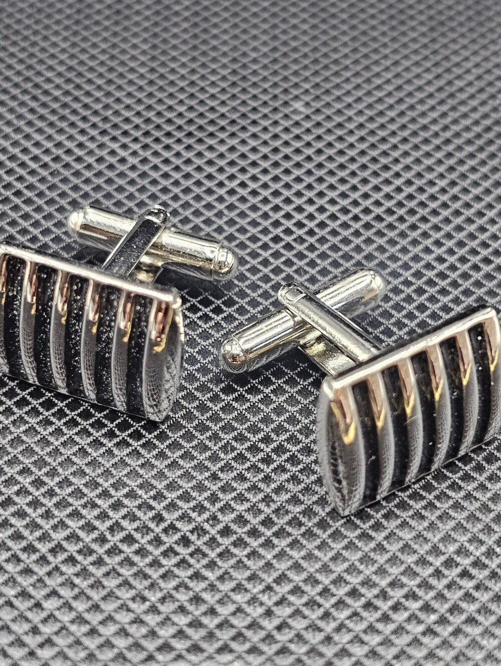 Men's Black and Silver Rectangular Cufflinks with Ribbed Design